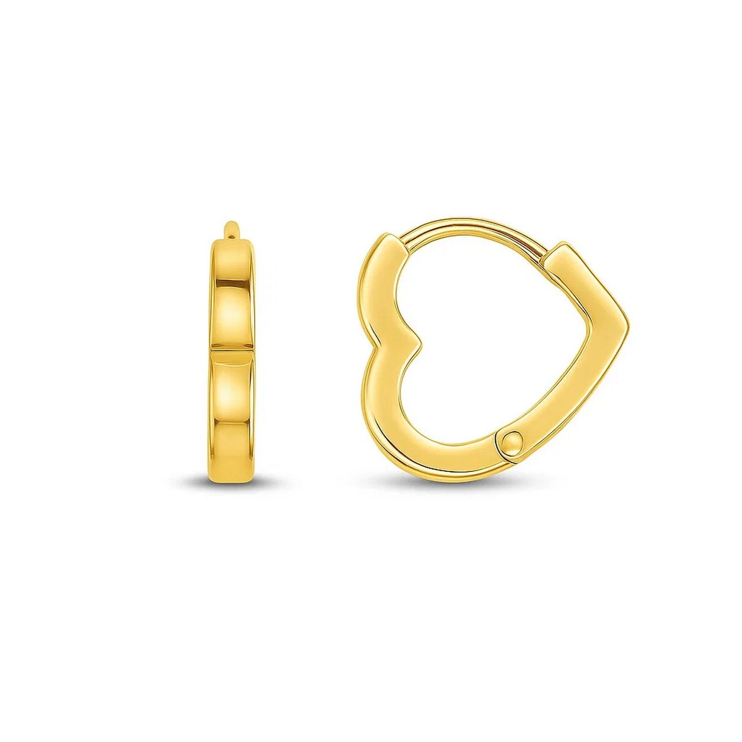 14k Yellow Gold Heart Huggie Hoops in a sleek high-contrast midnight luxury editorial style