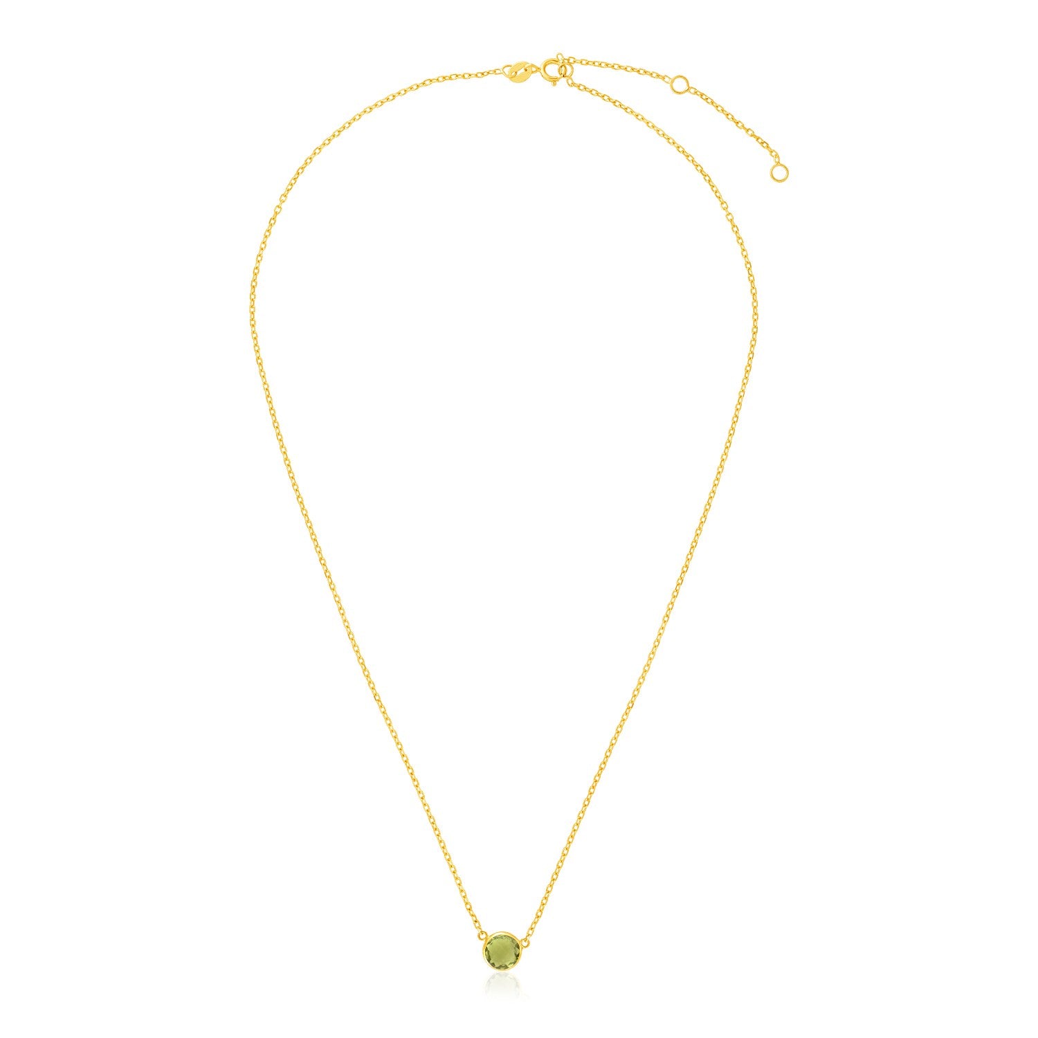 14k Yellow Gold 17 inch Necklace with Round Peridot in a sleek high-contrast midnight luxury editorial style