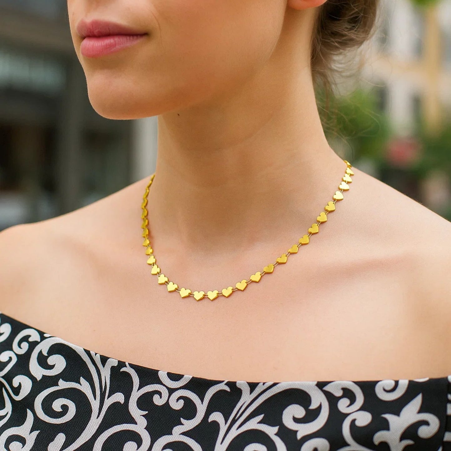 14k Yellow Gold Mirrored Heart Chain Necklace