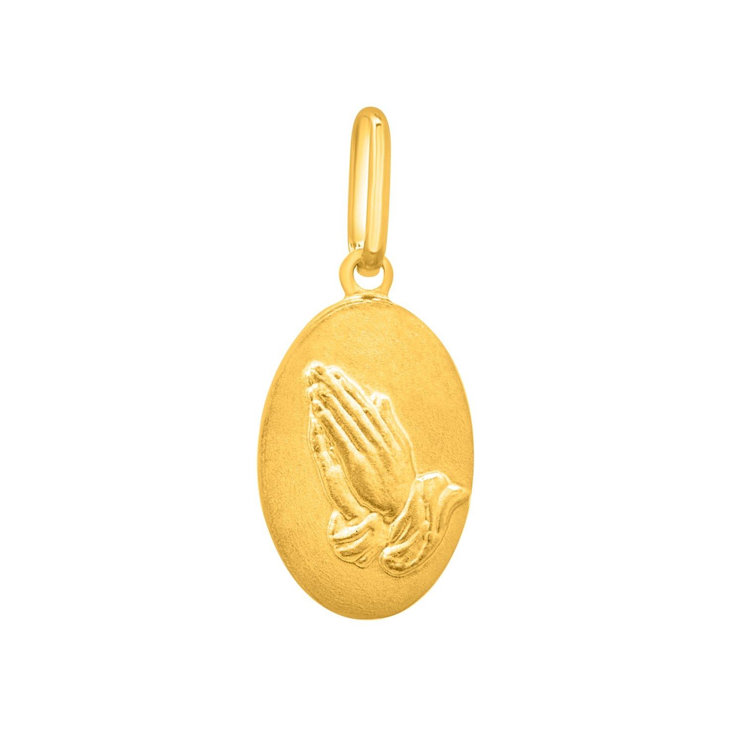 Religious Pendant with Praying Hands in 14K Yellow Gold in a sleek high-contrast midnight luxury editorial style