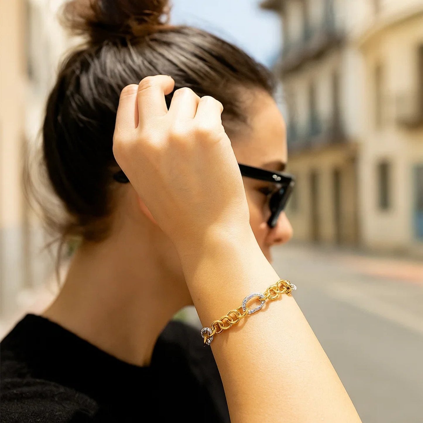 14k Two-Tone Gold Rope Motif Oval and Round Link Chain Bracelet (8.80 mm)