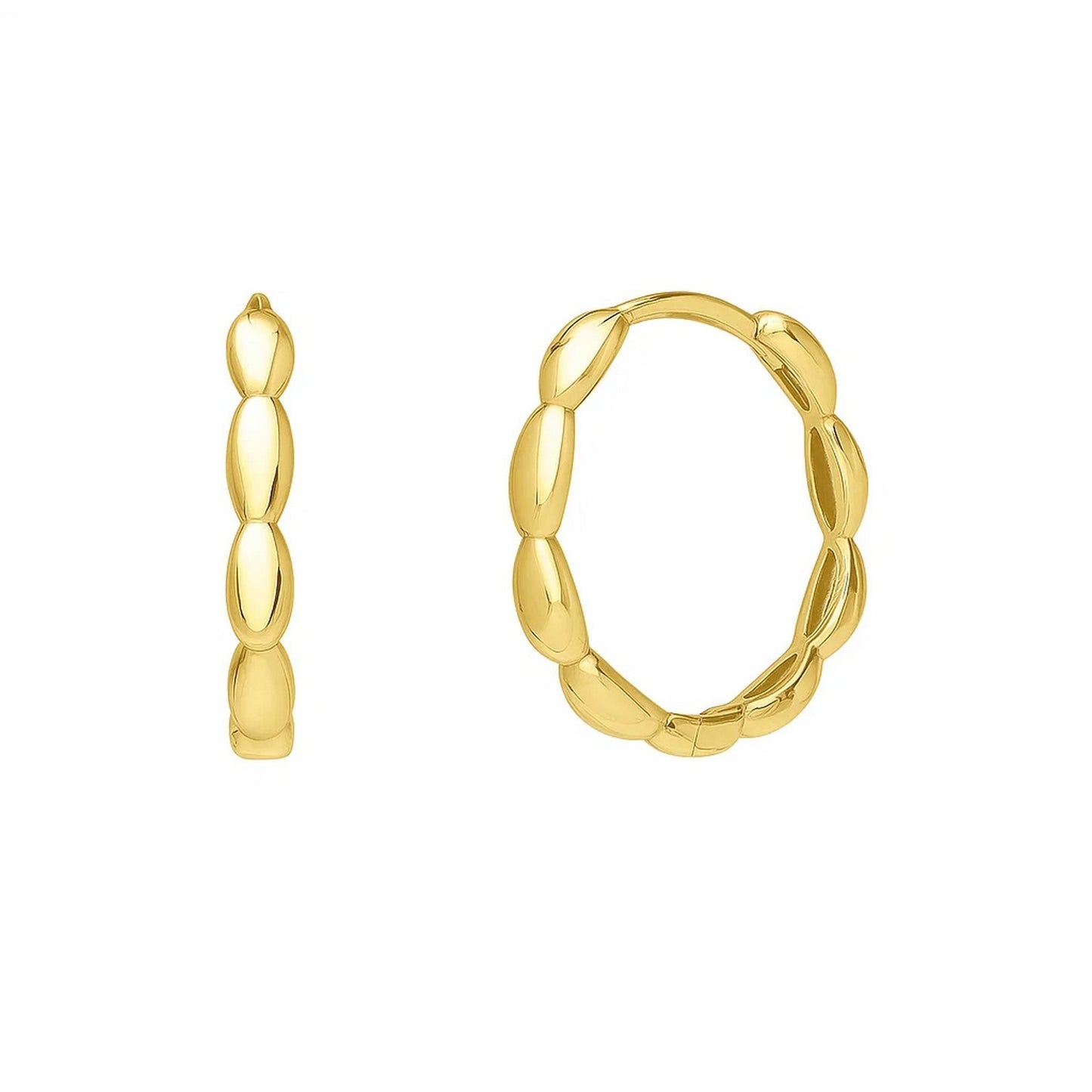 Medium Rice Hoop Earrings in 14K Yellow Gold in a sleek high-contrast midnight luxury editorial style