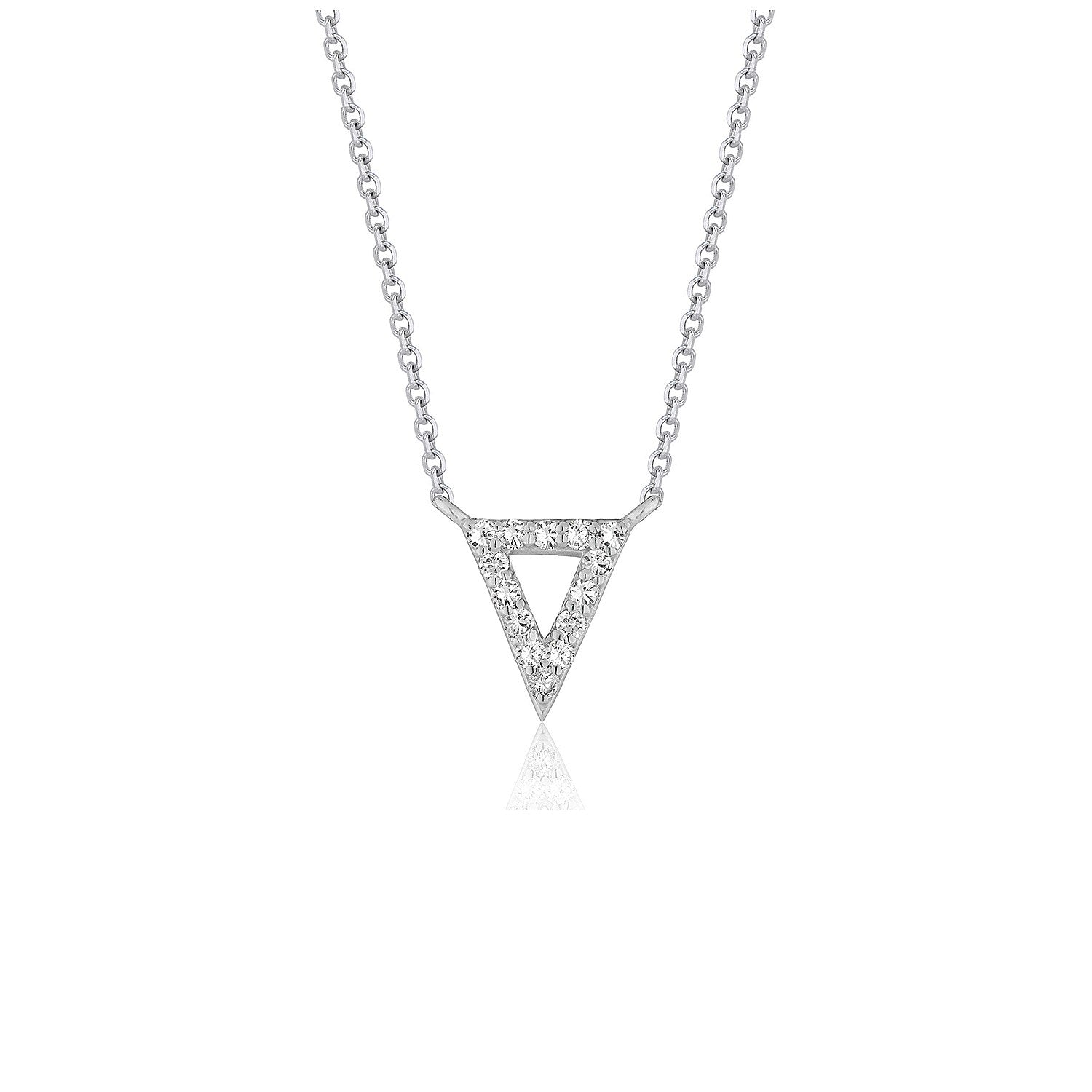 Diamond Inverted Triangle Pendant in 14k White Gold in a sleek high-contrast midnight luxury editorial style