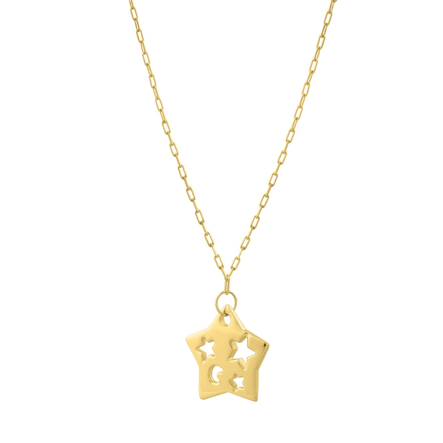 Cutout Star Necklace in 14K Yellow Gold in a sleek high-contrast midnight luxury editorial style