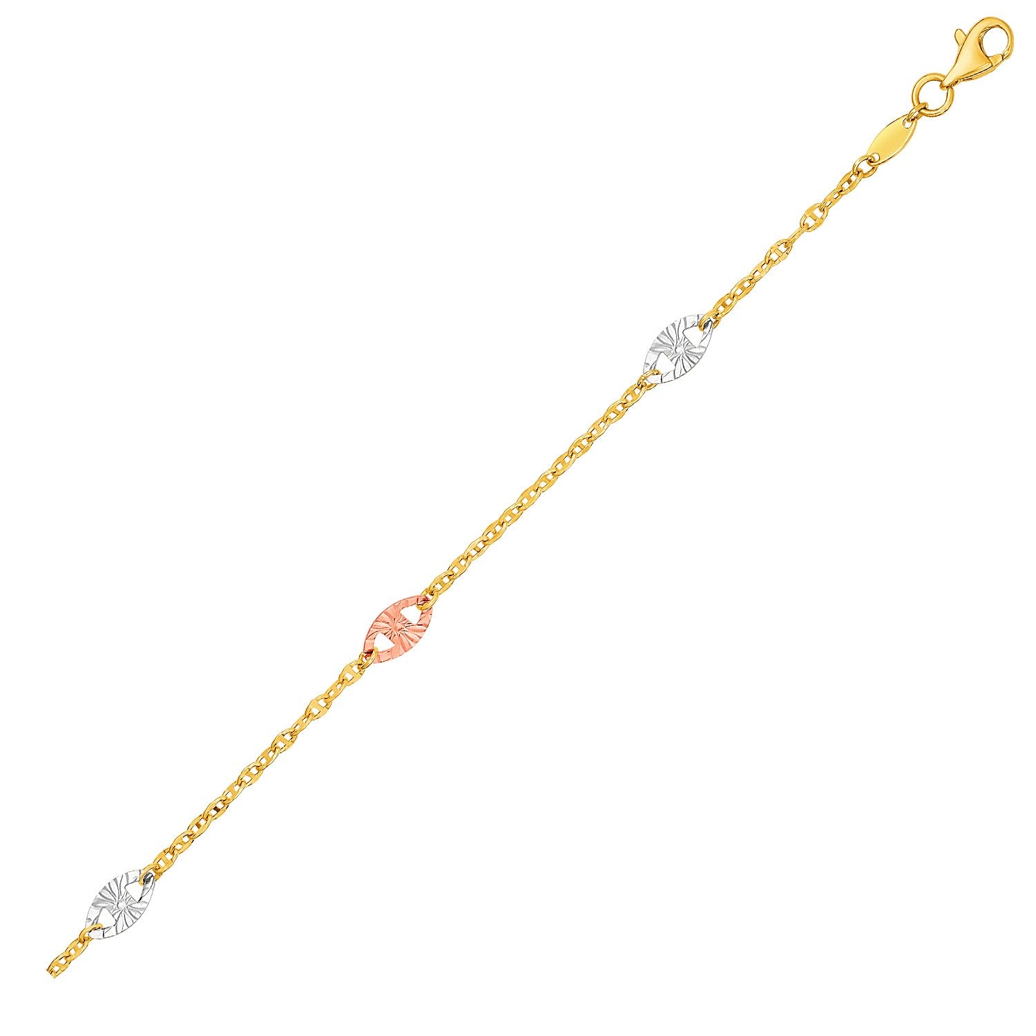 14k Three-Toned Yellow, White, and Rose Gold Anklet with Textured Ovals in a sleek high-contrast midnight luxury editorial st