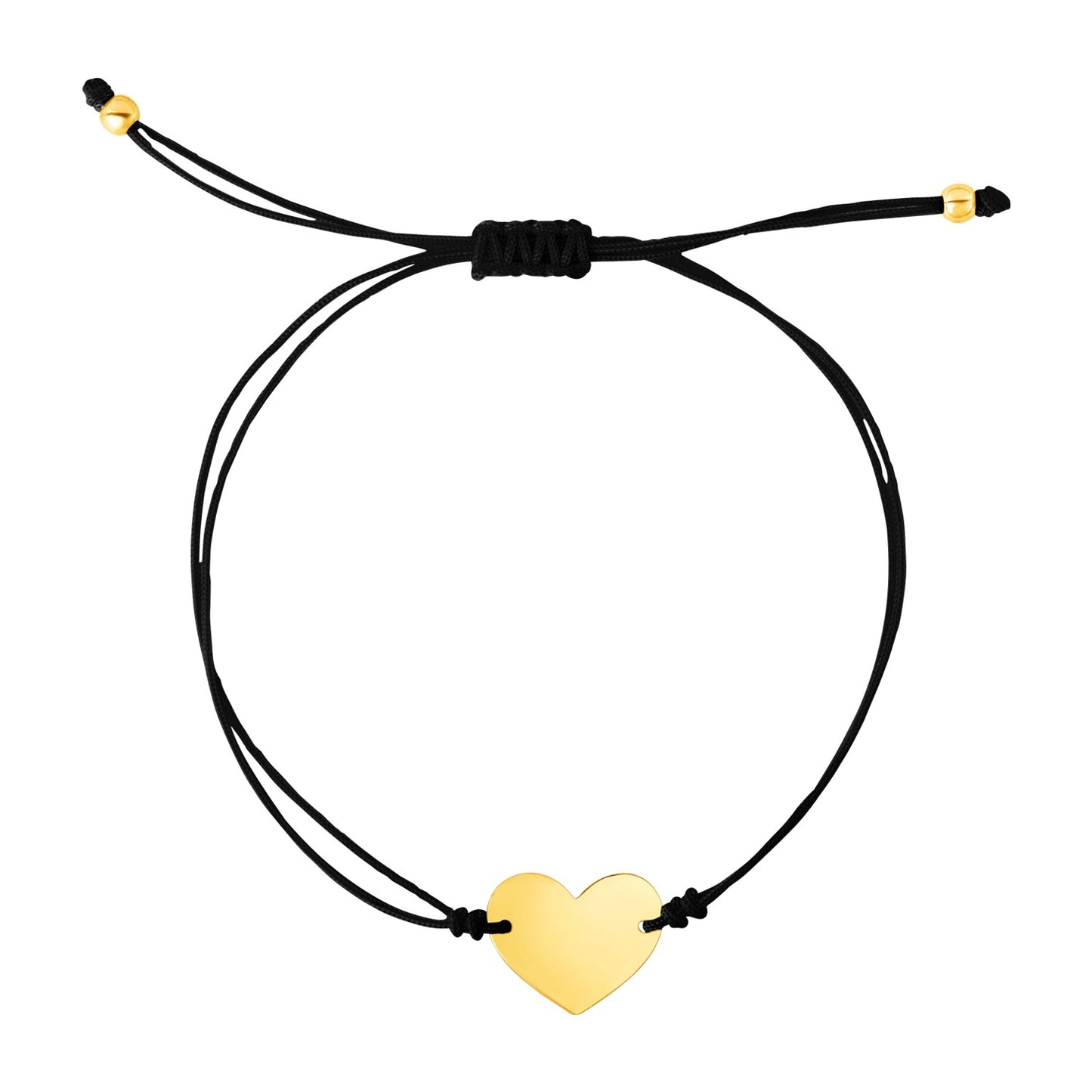 9 1/4 inch Black Cord Adjustable Bracelet with 14k yellow Gold Heart in a sleek high-contrast midnight luxury editorial style