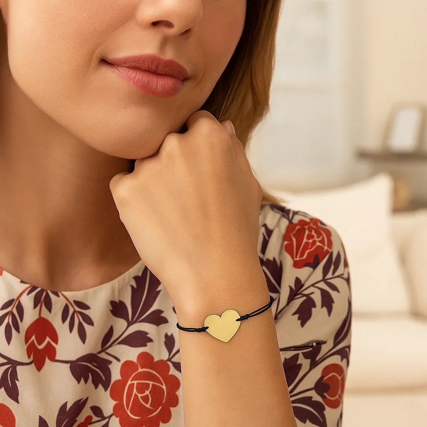 9 1/4 inch Black Cord Adjustable Bracelet with 14k yellow Gold Heart