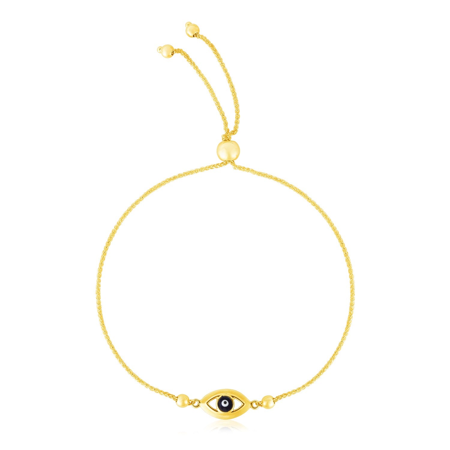 14k Yellow Gold Adjustable Evil Eye Bracelet (1.00 mm) in a sleek high-contrast midnight luxury editorial style