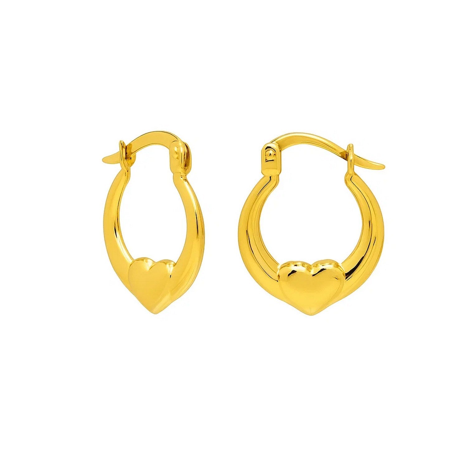 Small Heart Hoop Earrings in 14K Yellow Gold in a sleek high-contrast midnight luxury editorial style