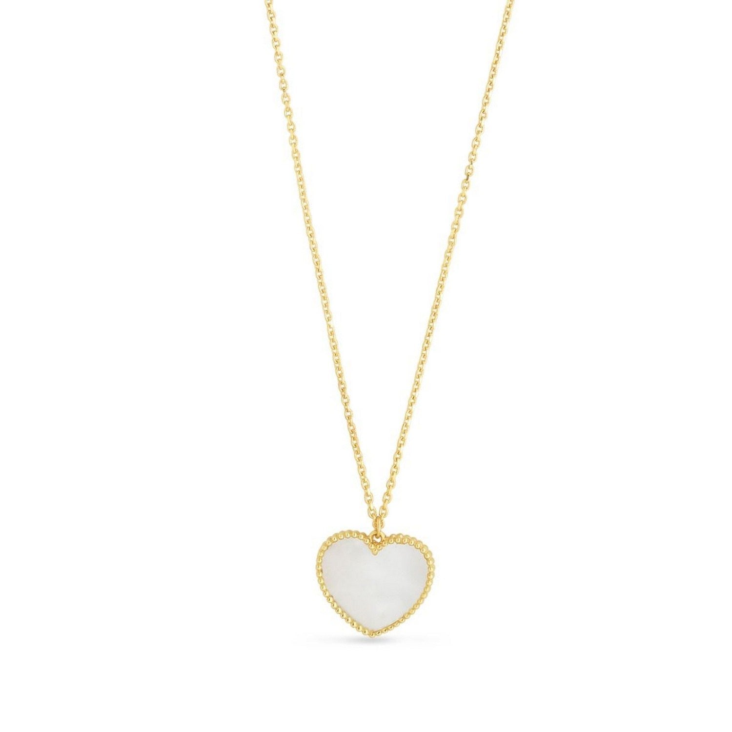 14k Yellow Gold High Polish Heart Pearl Paste Necklace in a sleek high-contrast midnight luxury editorial style
