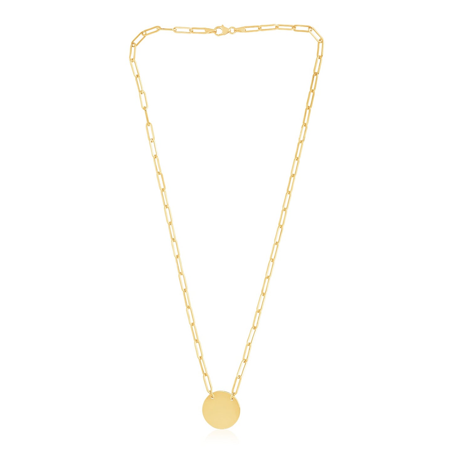 14k Yellow Gold High Polish Circle Disc Paperclip Link Necklace in a sleek high-contrast midnight luxury editorial style
