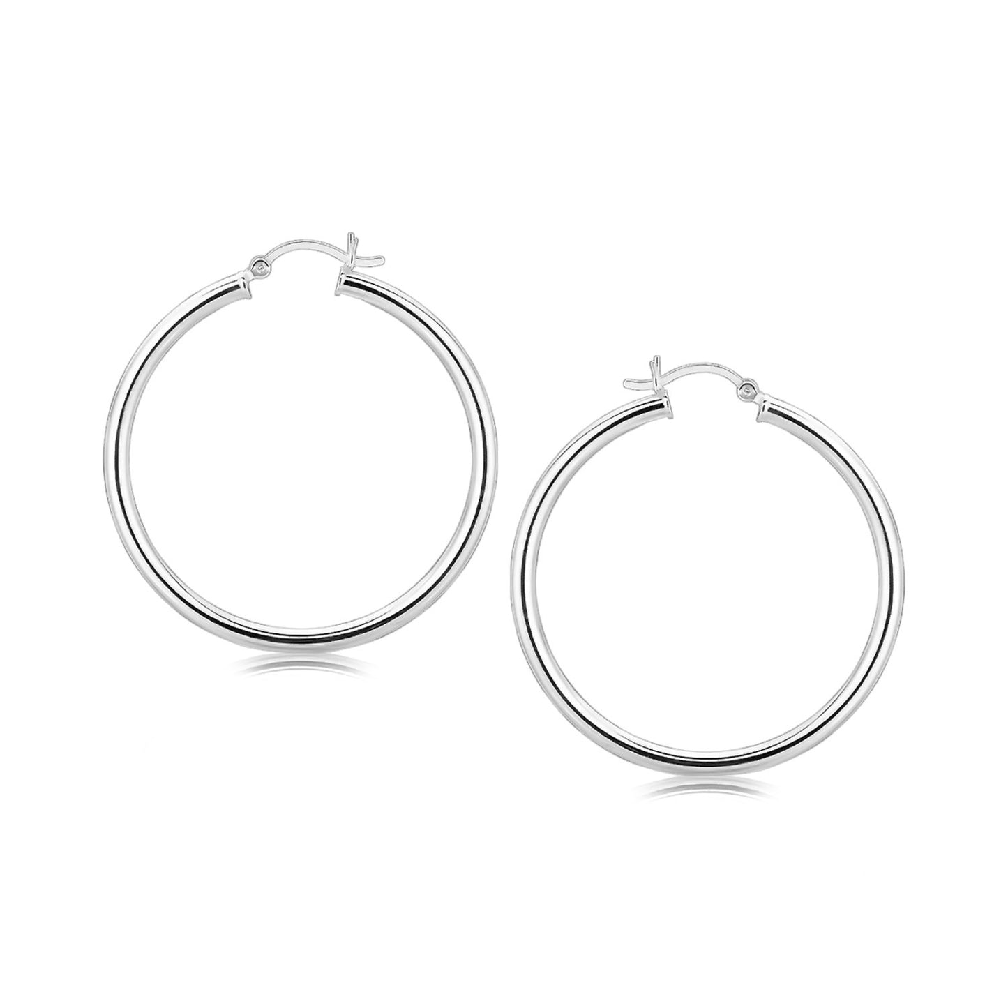 Sterling Silver Rhodium Plated Large Polished Classic Hoop Earrings (3x40mm) in a sleek high-contrast midnight luxury editori
