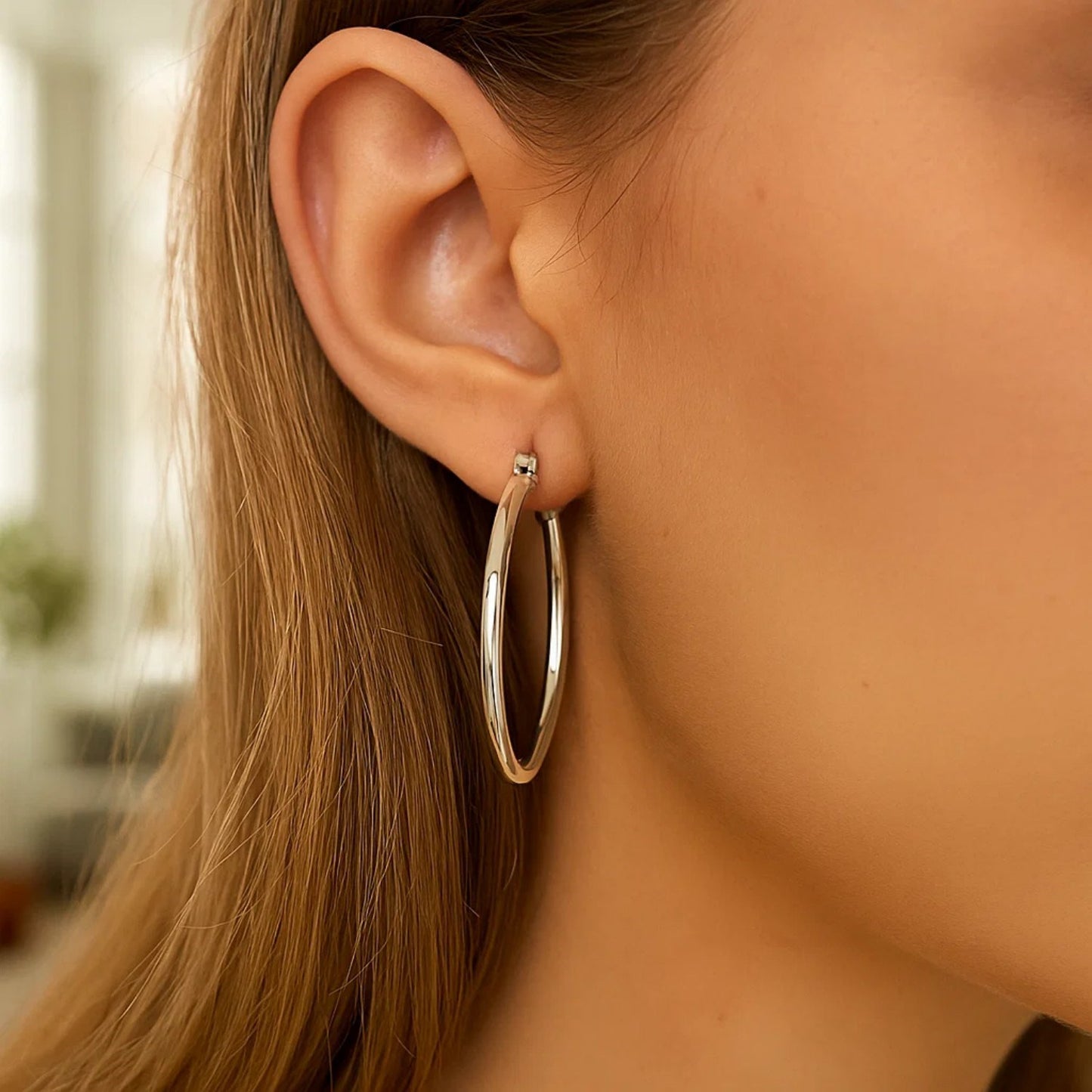 Sterling Silver Rhodium Plated Large Polished Classic Hoop Earrings (3x40mm) - Peelerie