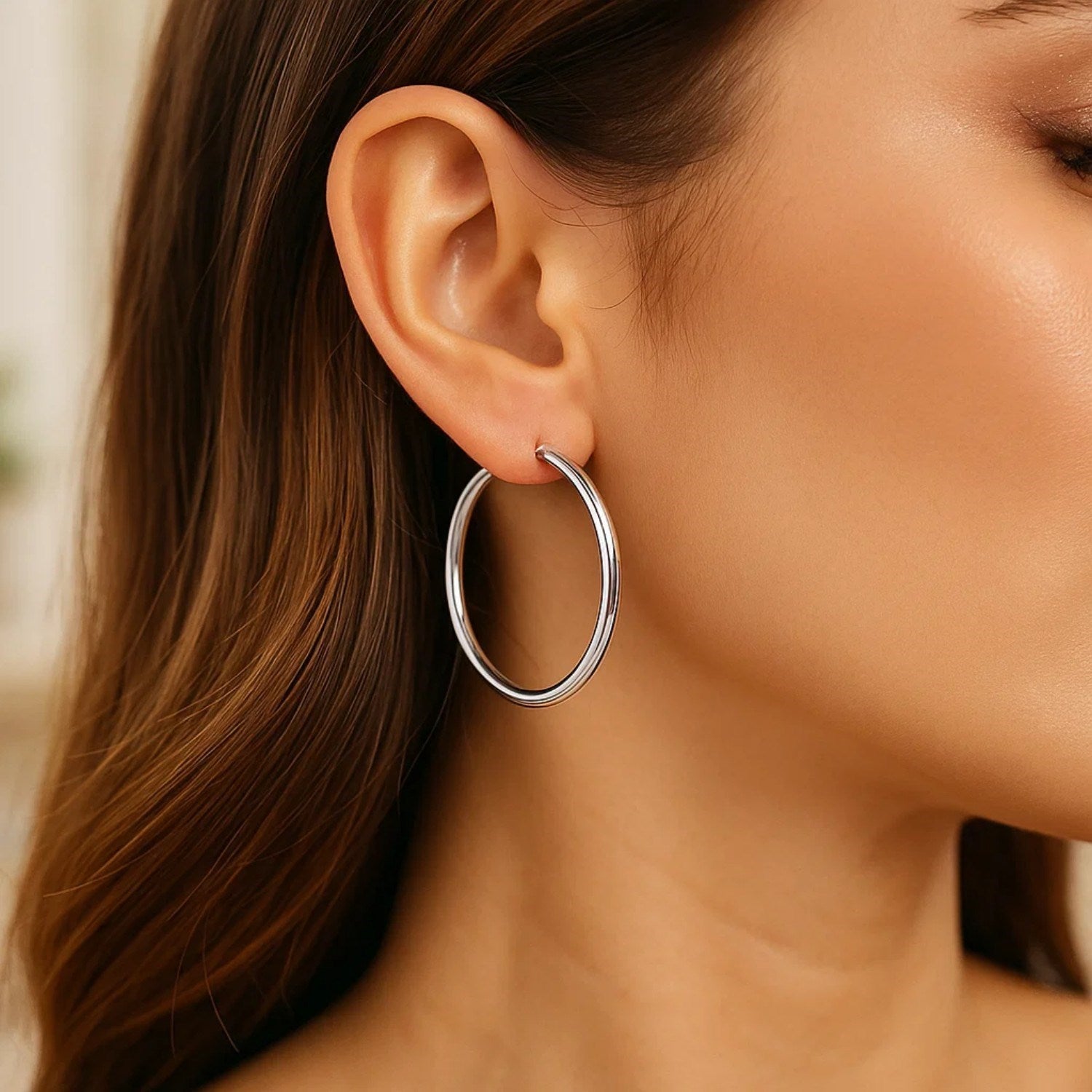 Sterling Silver Rhodium Plated Large Polished Classic Hoop Earrings (3x40mm) - Peelerie