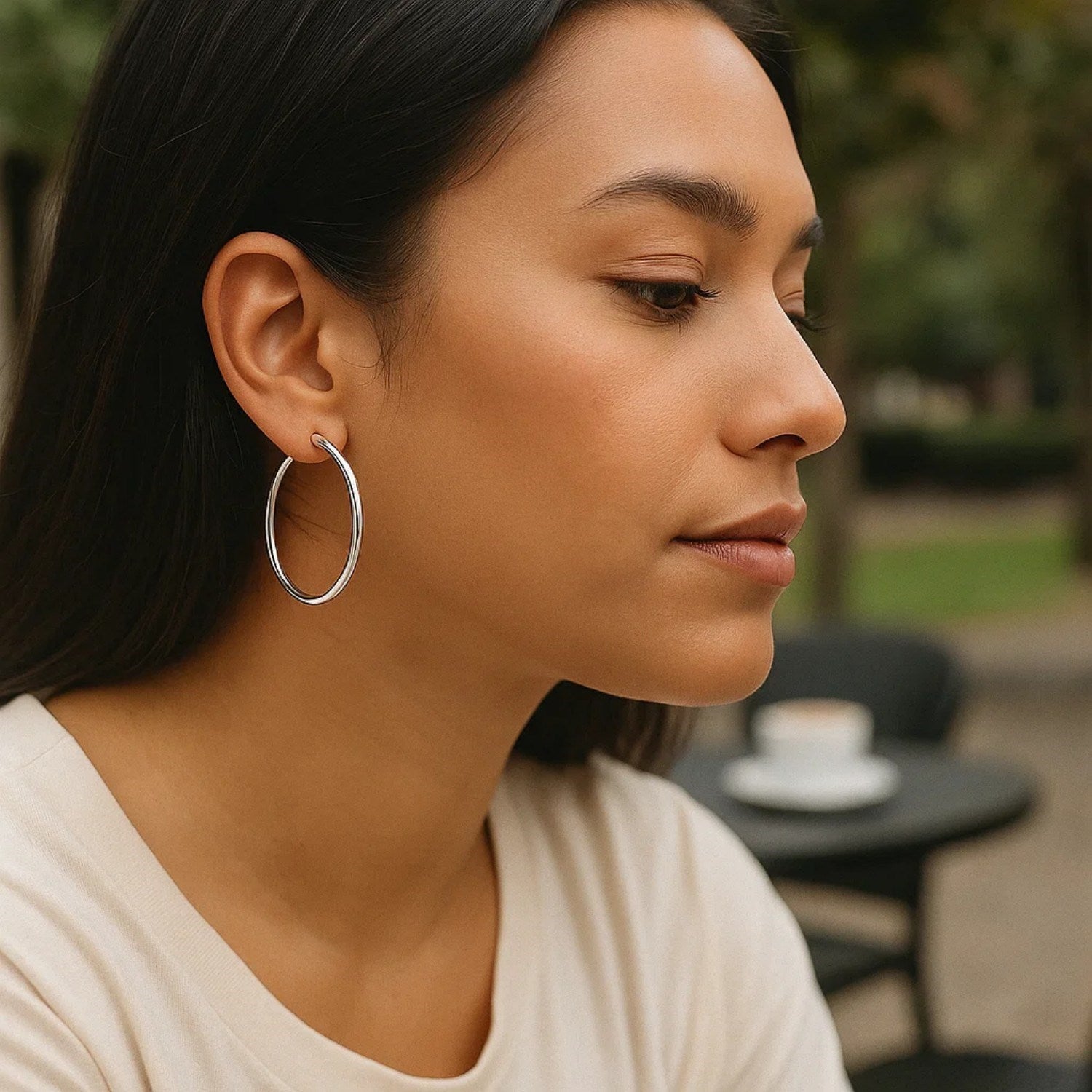 Sterling Silver Rhodium Plated Large Polished Classic Hoop Earrings (3x40mm) - Peelerie