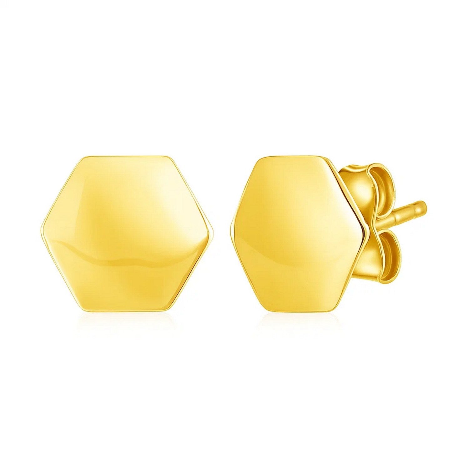 14k Yellow Gold Hexagon Stud Earrings in a sleek high-contrast midnight luxury editorial style