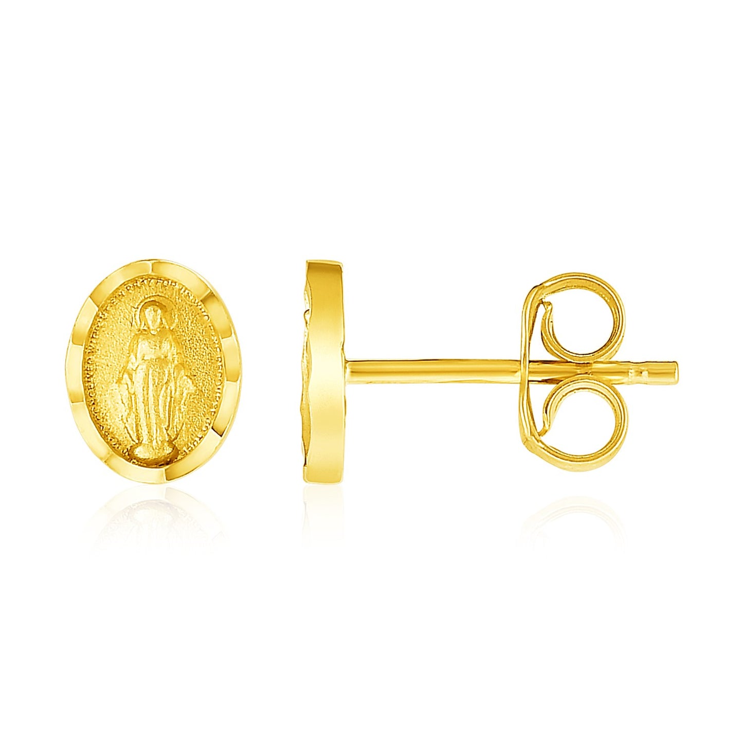 14k Yellow Gold Oval Virgin Mary Earring in a sleek high-contrast midnight luxury editorial style