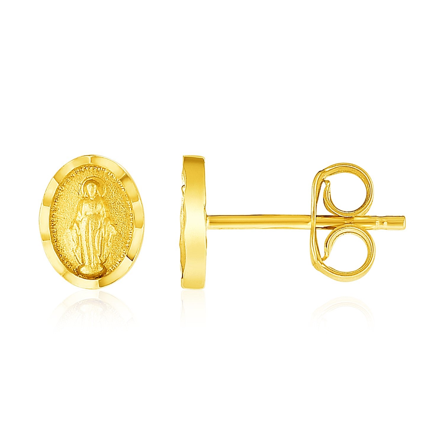 14k Yellow Gold Oval Virgin Mary Earring in a sleek high-contrast midnight luxury editorial style