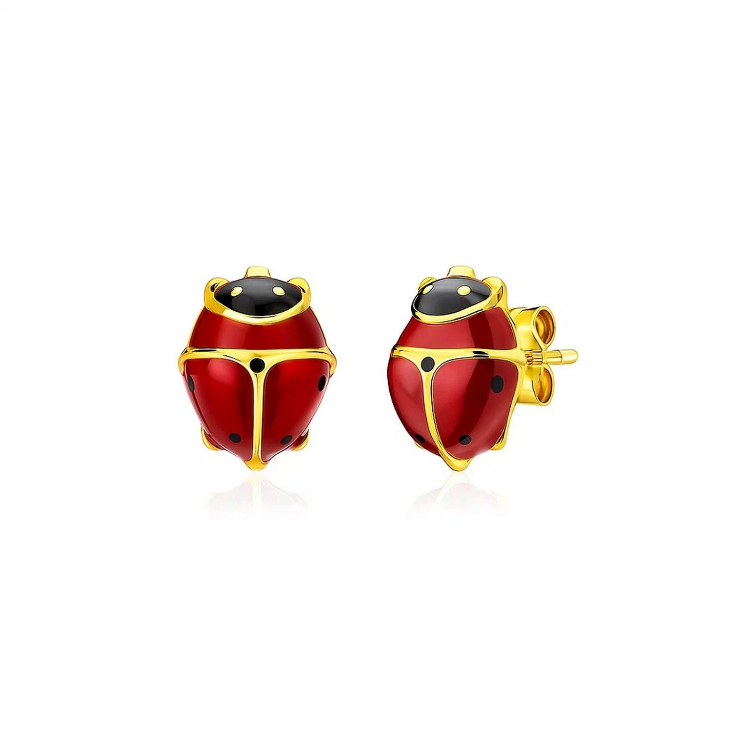 14K Yellow Gold Lady Bug Earrings in a sleek high-contrast midnight luxury editorial style