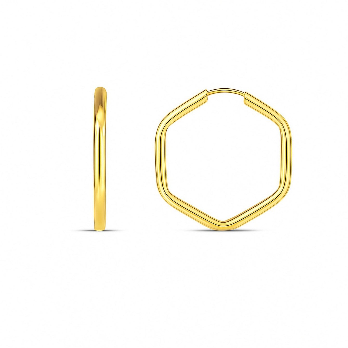 14k Yellow Gold Endless Hexagon Hoop Earrings in a sleek high-contrast midnight luxury editorial style