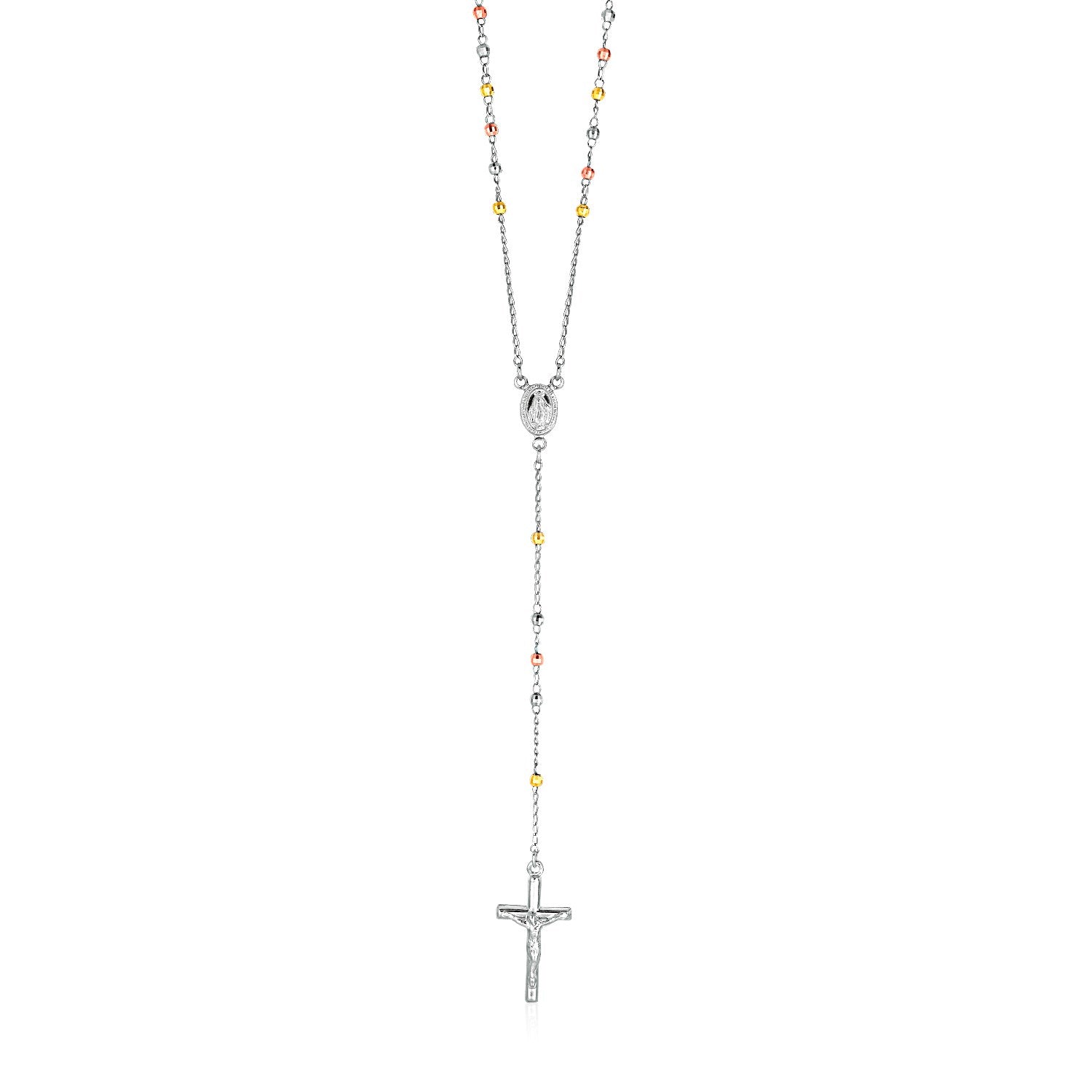 Three Toned Rosary Chain and Bead Necklace in Sterling Silver in a sleek high-contrast midnight luxury editorial style