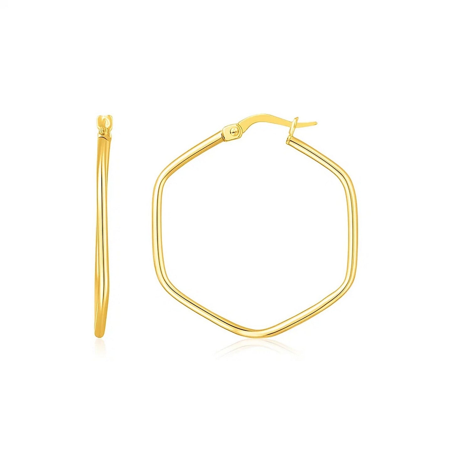 14K Yellow Gold Hexagon Hoop Rounded Edge Earrings in a sleek high-contrast midnight luxury editorial style
