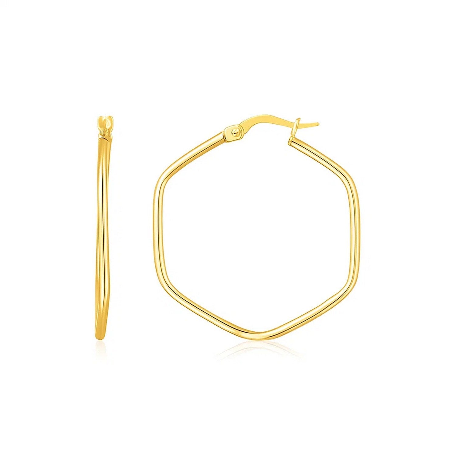 14K Yellow Gold Hexagon Hoop Rounded Edge Earrings in a sleek high-contrast midnight luxury editorial style