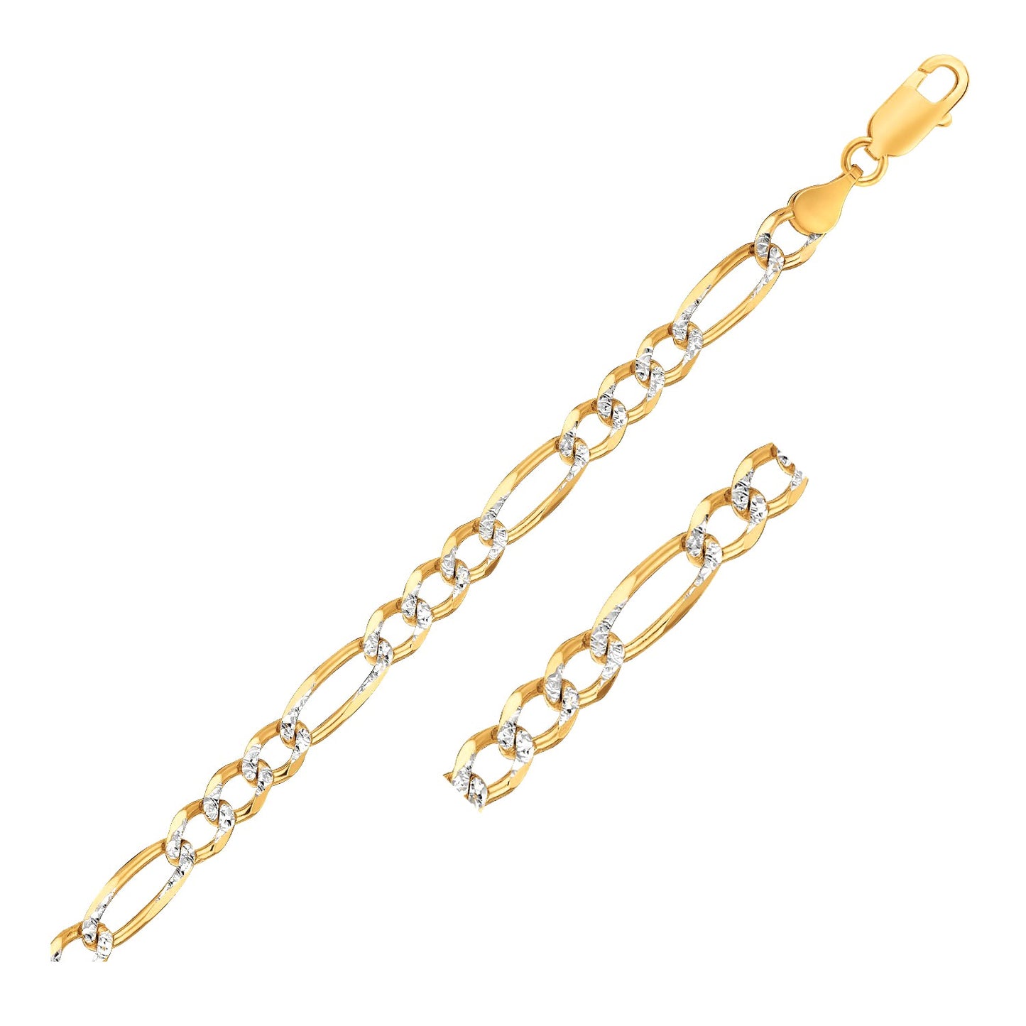 14K Yellow Two Tone Solid Pave Figaro Bracelet (7.00 mm) in a sleek high-contrast midnight luxury editorial style