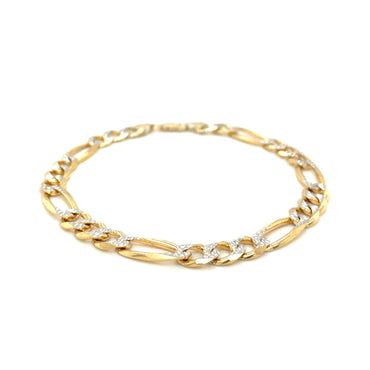 14K Yellow Two Tone Solid Pave Figaro Bracelet (7.00 mm)