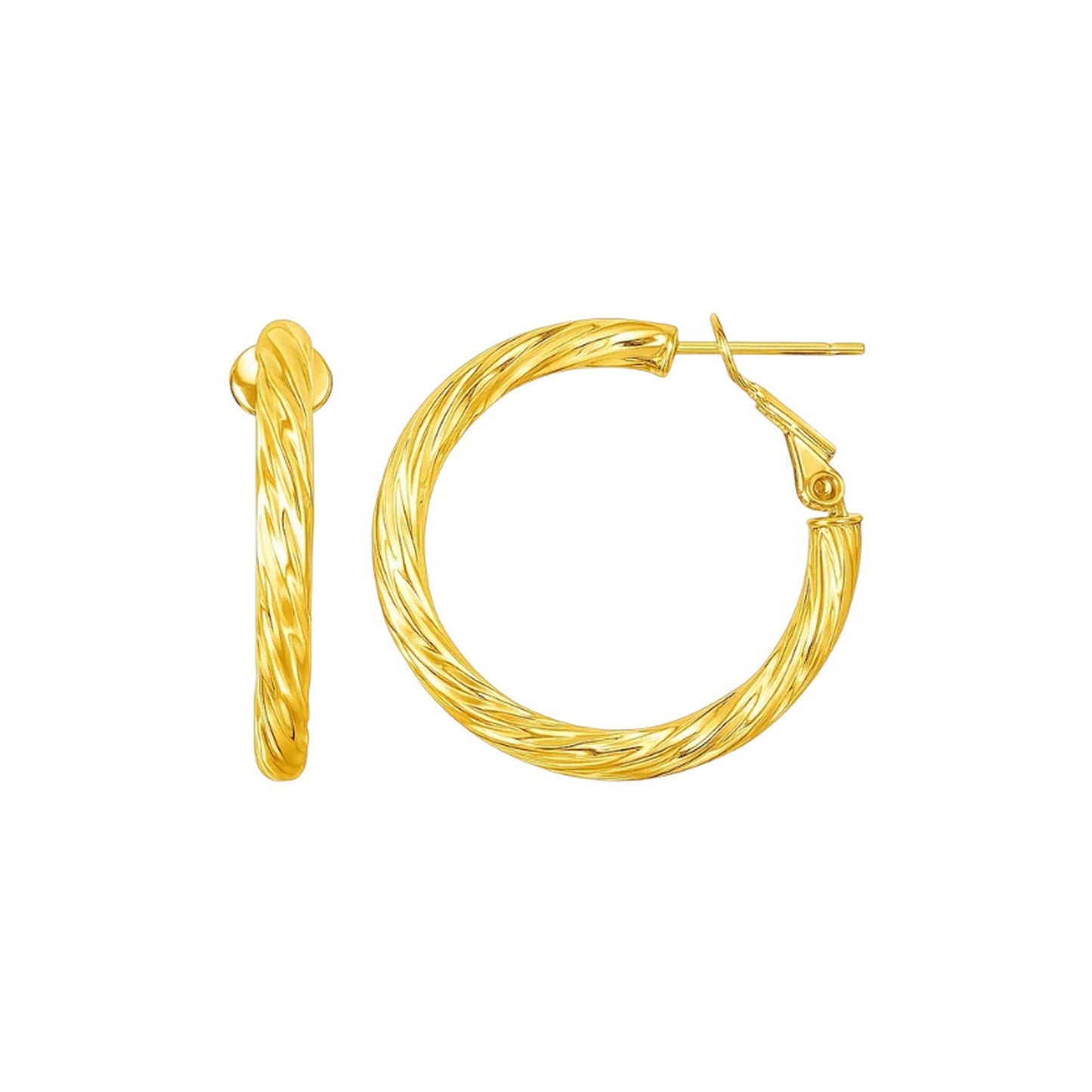 14k Yellow Gold Petite Twisted Round Hoop Earrings(3x15mm) in a sleek high-contrast midnight luxury editorial style