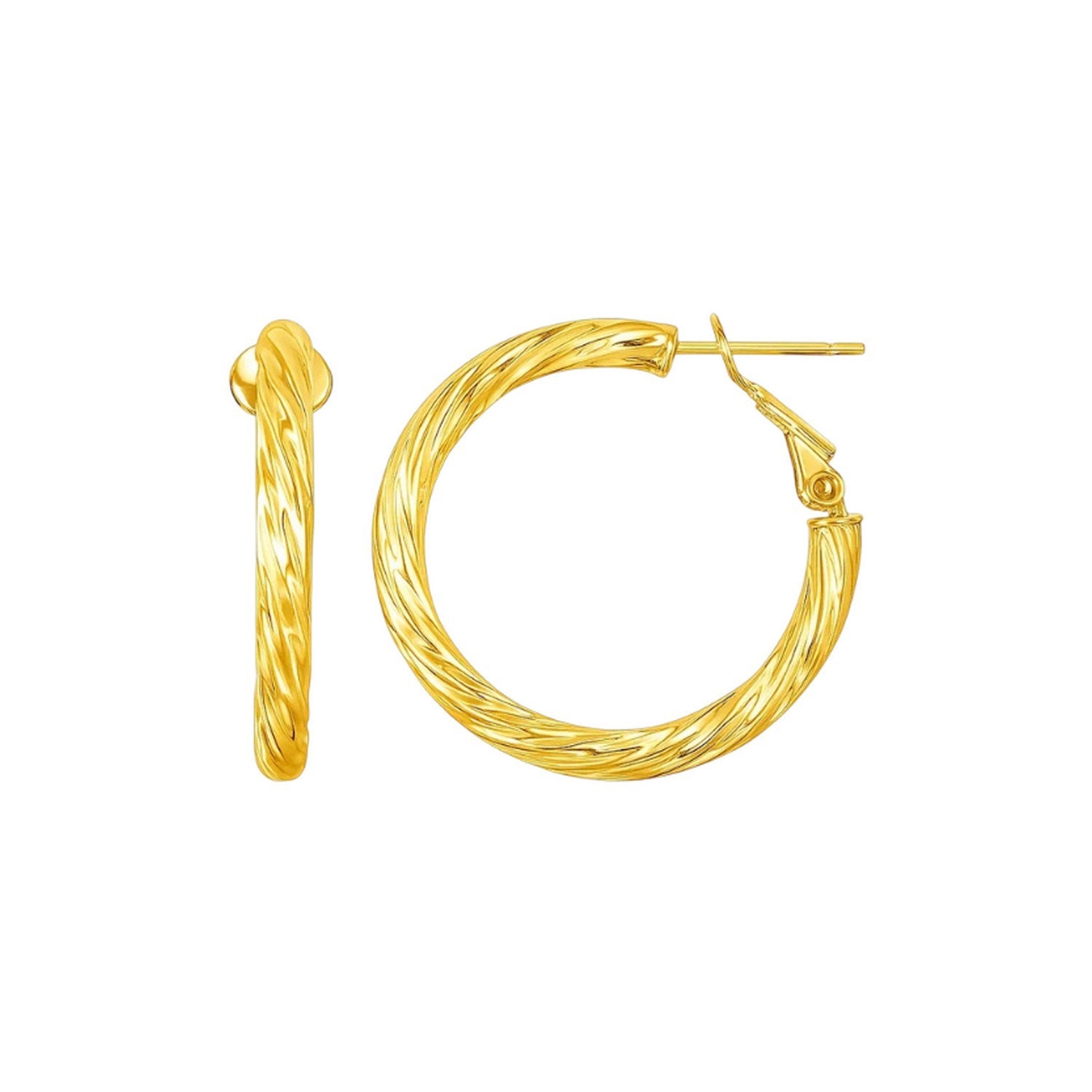 14k Yellow Gold Petite Twisted Round Hoop Earrings(3x15mm) in a sleek high-contrast midnight luxury editorial style