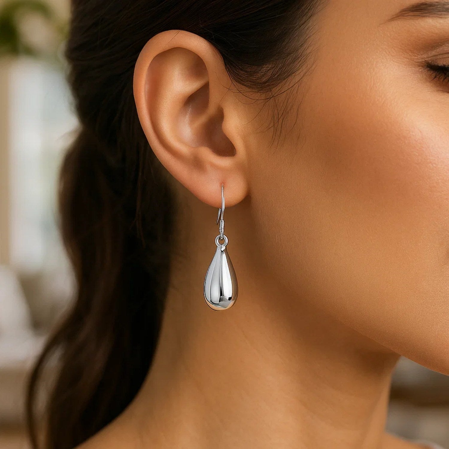 Sterling Silver Polished Puffed Teardrop Dangle Earrings - Peelerie