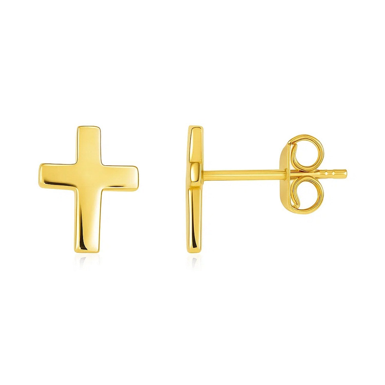 14k Yellow Gold Post Earrings with Crosses in a sleek high-contrast midnight luxury editorial style