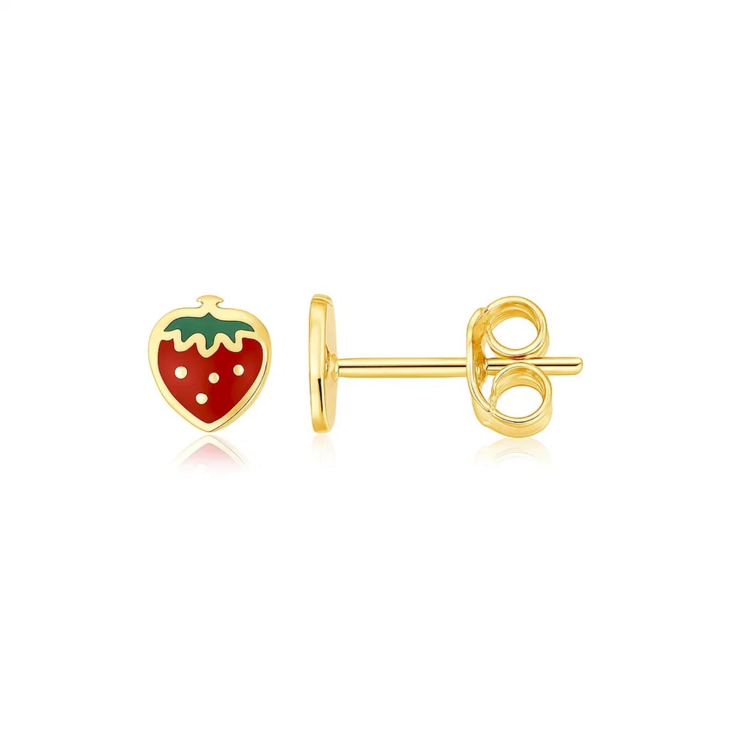 14k Yellow Gold Enameled Strawberry Childrens Earrings in a sleek high-contrast midnight luxury editorial style