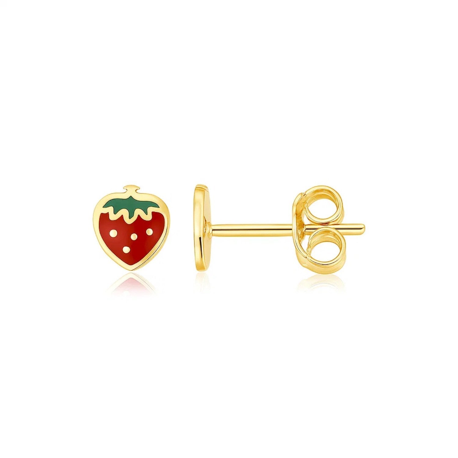 14k Yellow Gold Enameled Strawberry Childrens Earrings in a sleek high-contrast midnight luxury editorial style