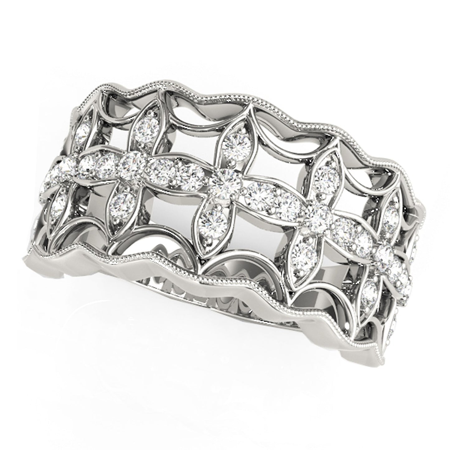 Diamond Studded Four Leaf Clover Motif Ring in 14k White Gold (1/4 cttw) in a sleek high-contrast midnight luxury editorial s