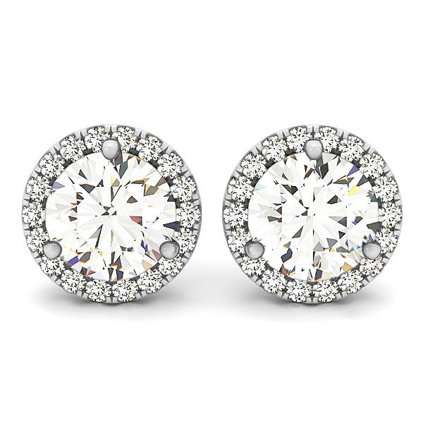 14k White Gold Round Prong Halo Style Earrings (1 cttw) in a sleek high-contrast midnight luxury editorial style