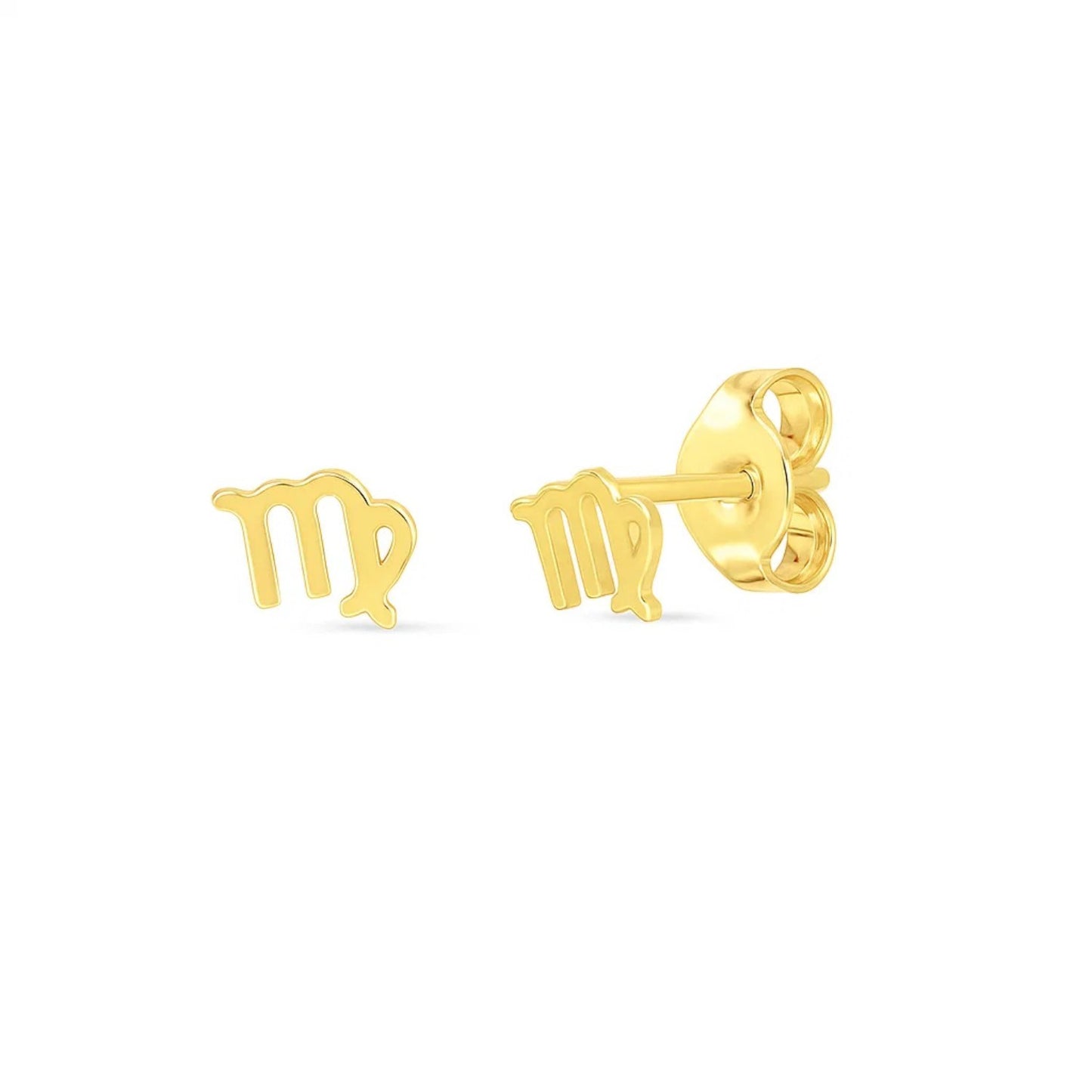 14k Yellow Gold Virgo Stud Earrings in a sleek high-contrast midnight luxury editorial style