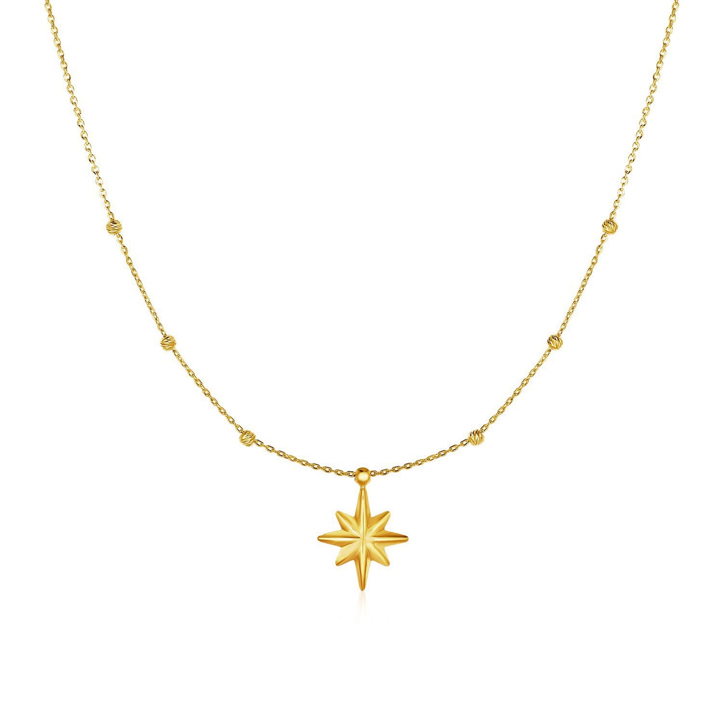 14k Yellow Gold Necklace with Eight Pointed Star and Beads in a sleek high-contrast midnight luxury editorial style