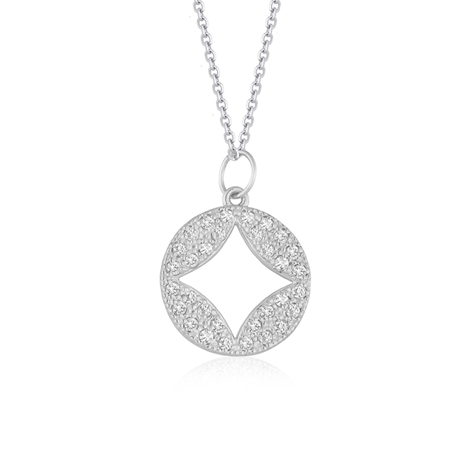 14k White Gold Diamond Studded Circle Pendant with Cut-out (1/3 cttw) in a sleek high-contrast midnight luxury editorial styl