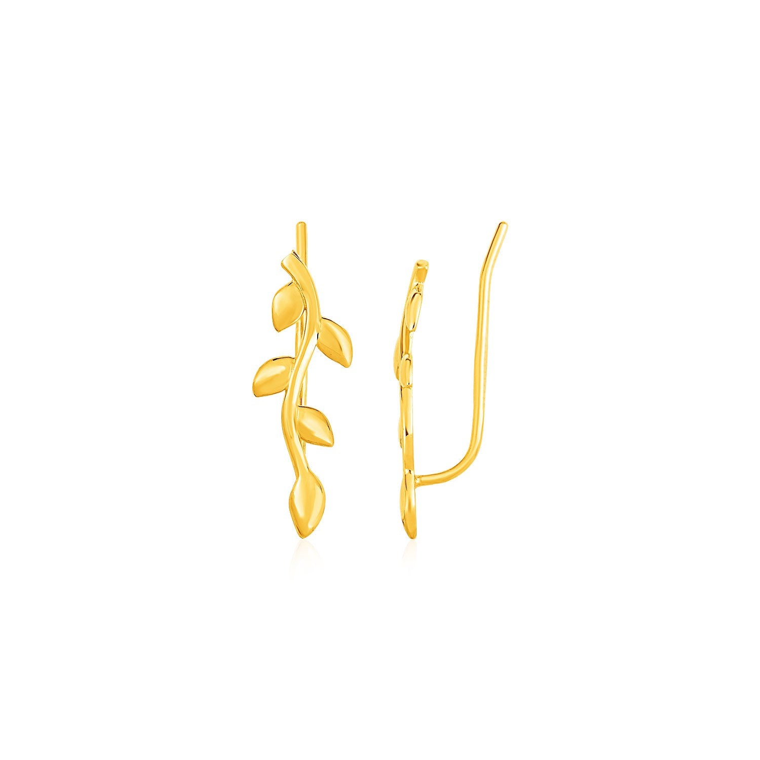 Leafy Branch Motif Climber Earrings in 14k Yellow Gold in a sleek high-contrast midnight luxury editorial style