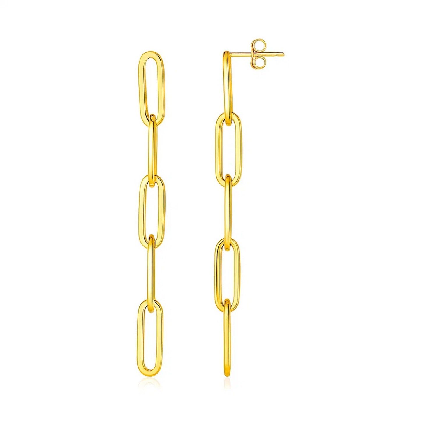 14K Yellow Gold Five Link Paperclip Chain Earrings in a sleek high-contrast midnight luxury editorial style