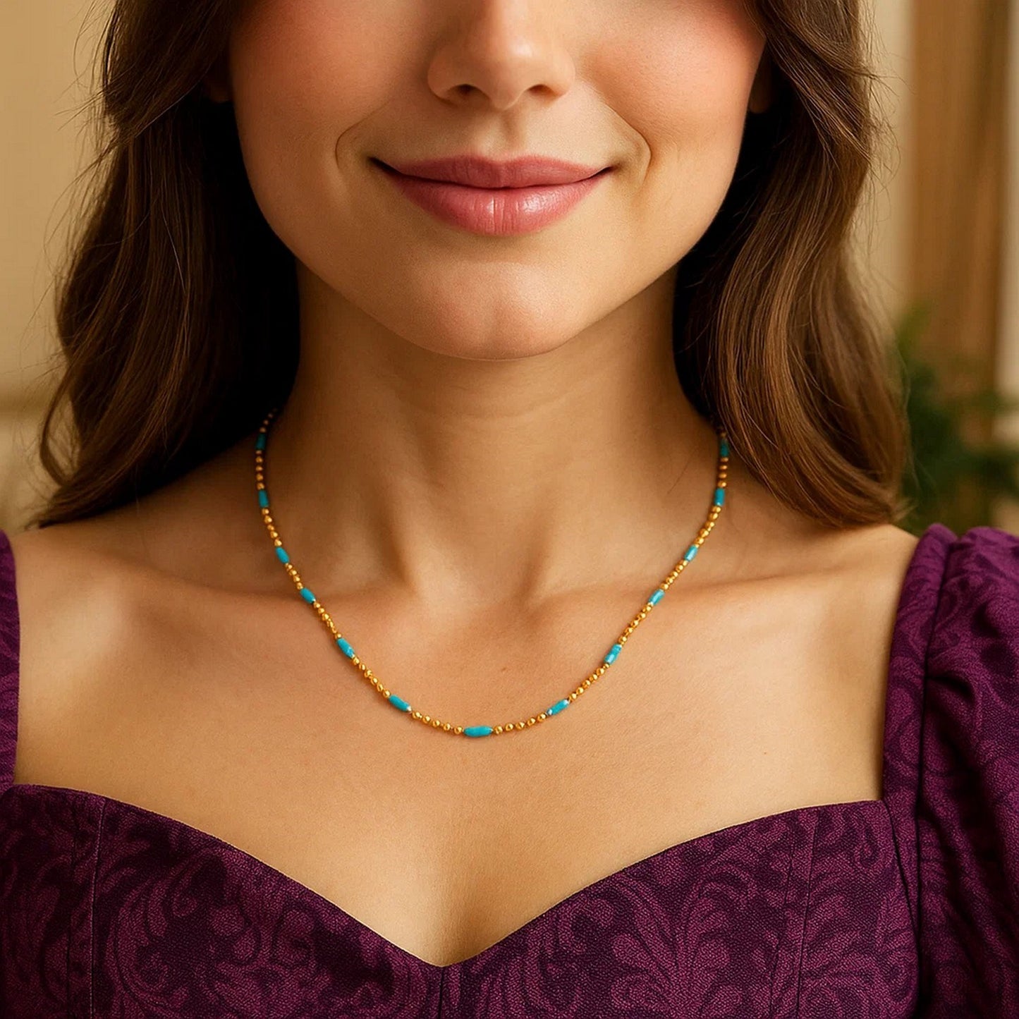 Sterling Silver Gold Plated Blue Enamel Beaded Necklace