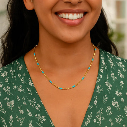 Sterling Silver Gold Plated Blue Enamel Beaded Necklace