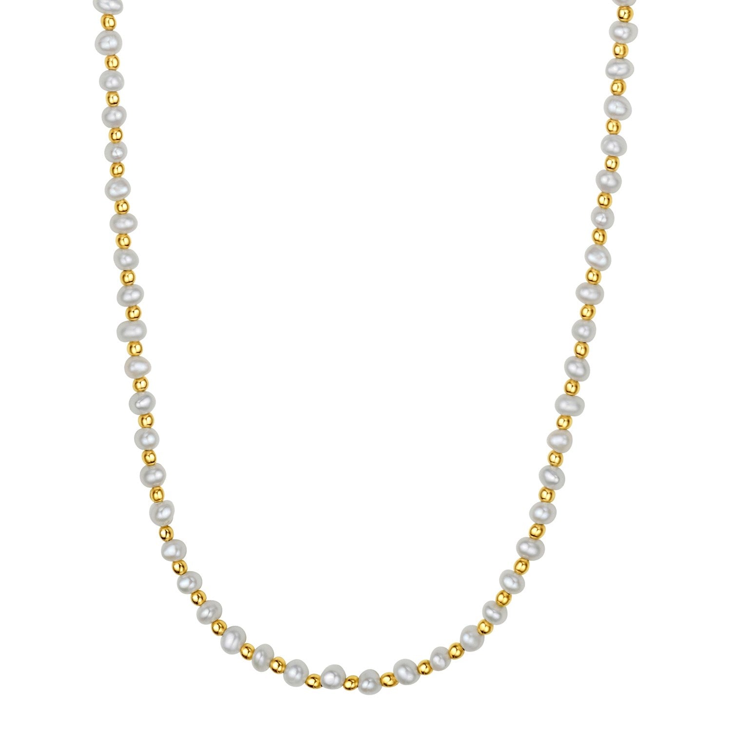 Pearl and Gold Alternating Bead Necklace in 14K Yellow Gold in a sleek high-contrast midnight luxury editorial style