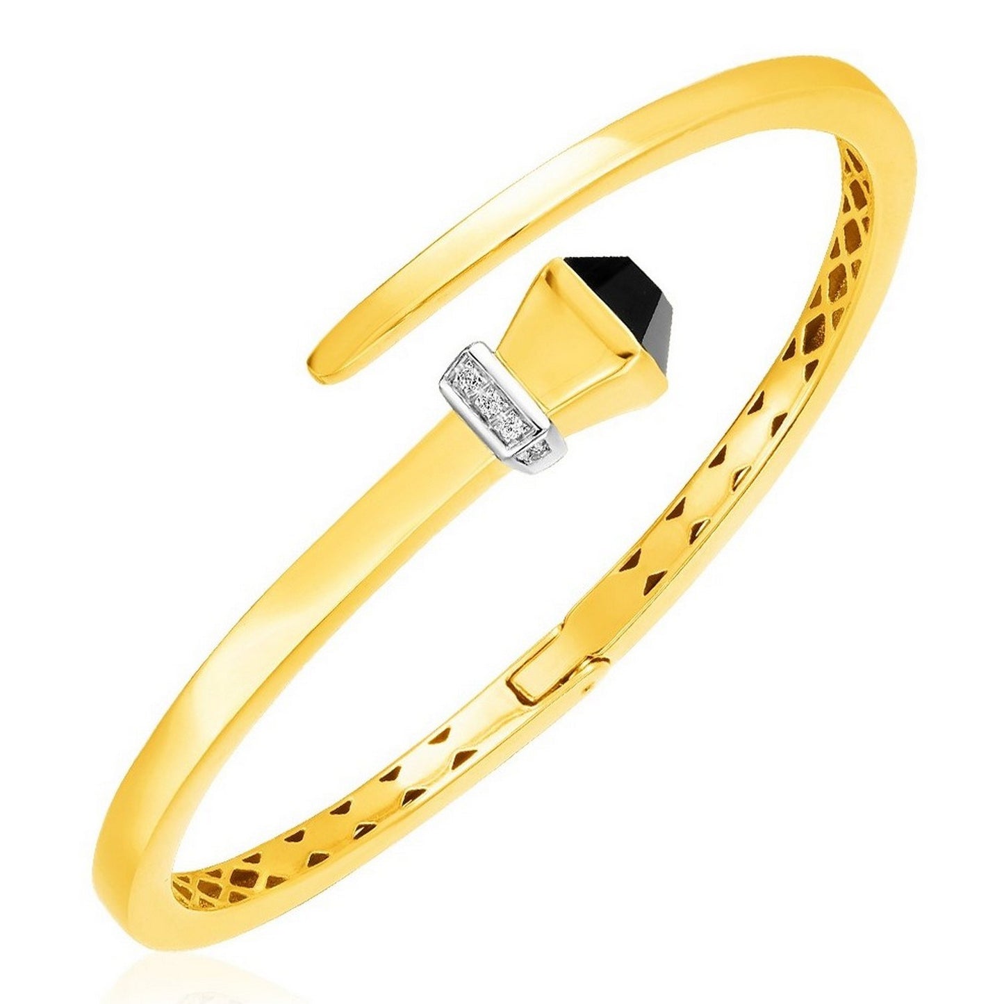 14k Yellow Gold Crossover Style Hinged Bangle Bracelet with Onyx (3.40 mm) in a sleek high-contrast midnight luxury editorial