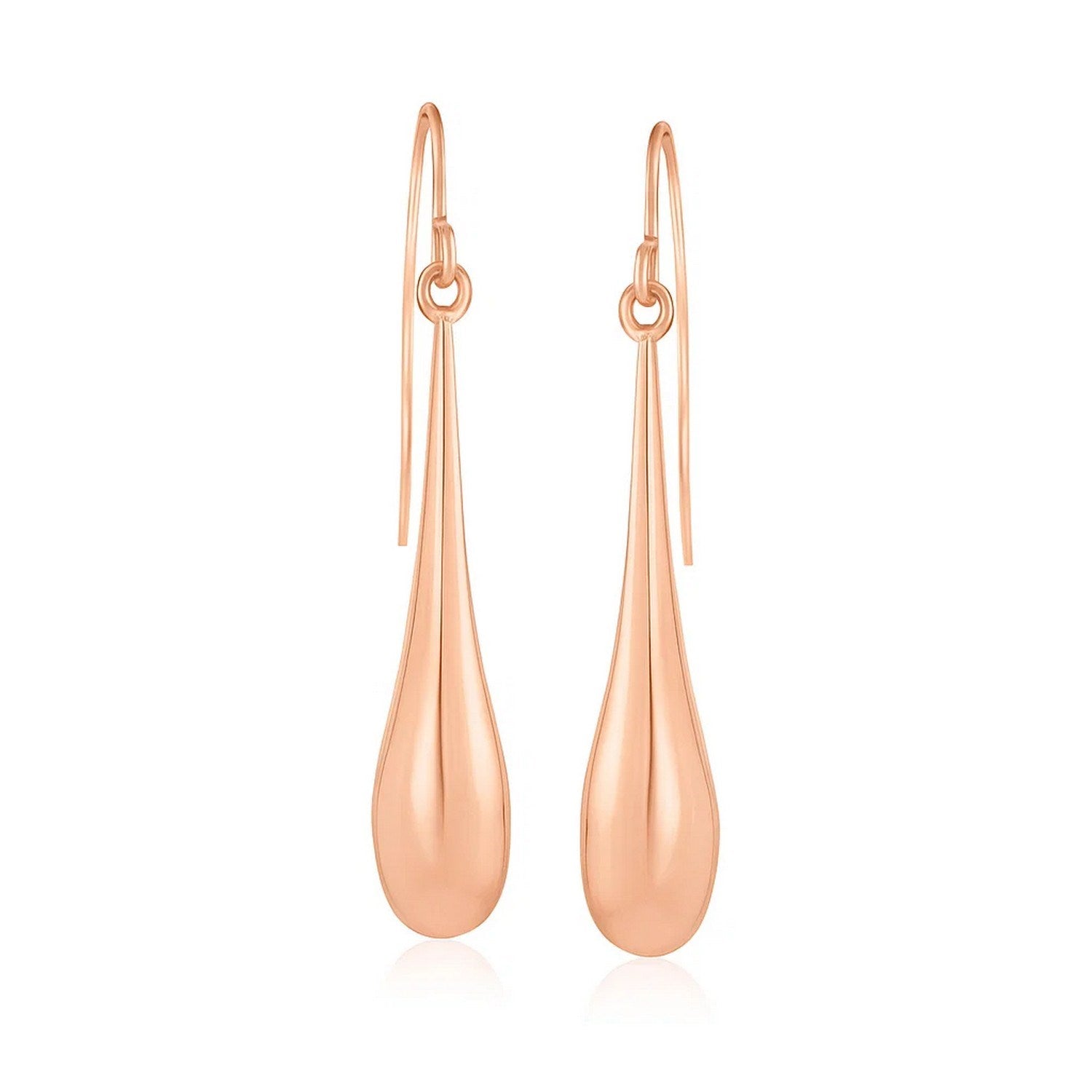 14k Rose Gold Long Polished Teardrop Dangling Earrings in a sleek high-contrast midnight luxury editorial style