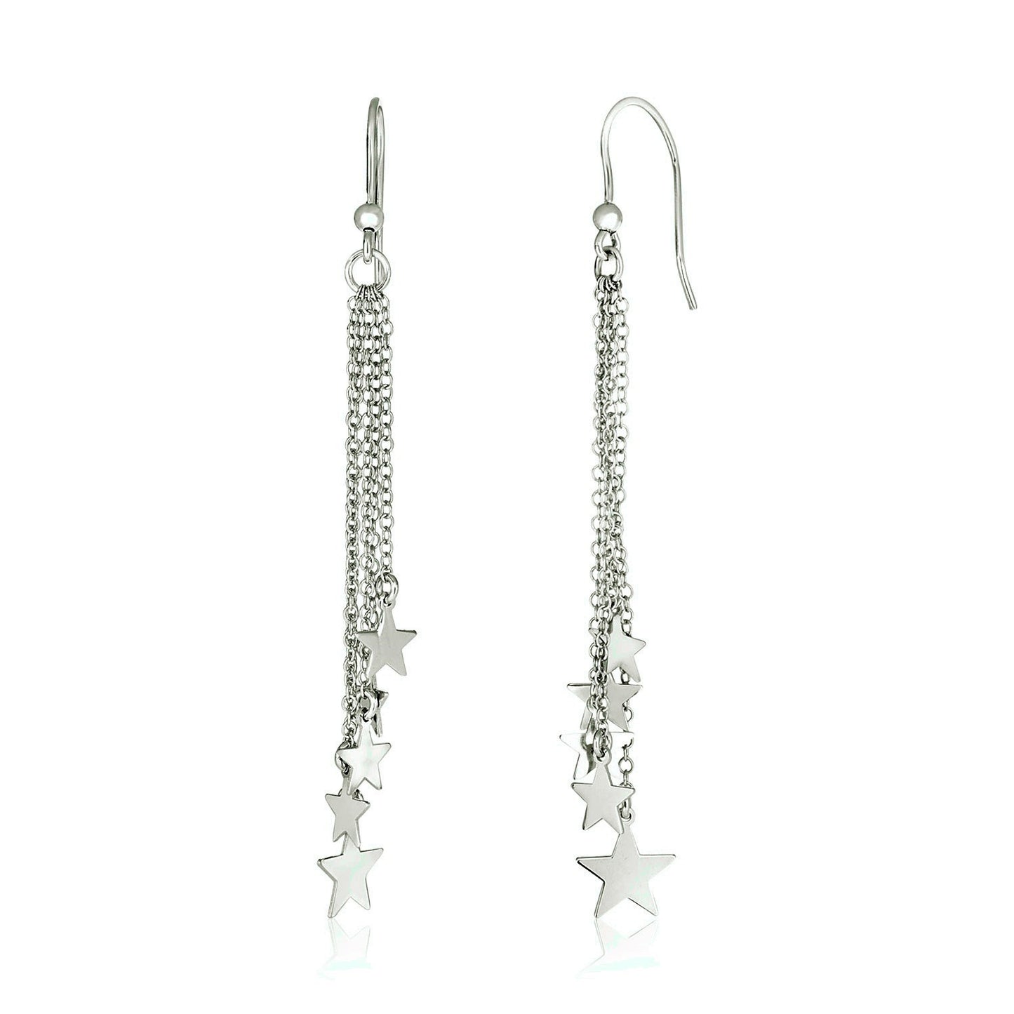 Sterling Silver Tassel Earrings with Polished Stars in a sleek high-contrast midnight luxury editorial style