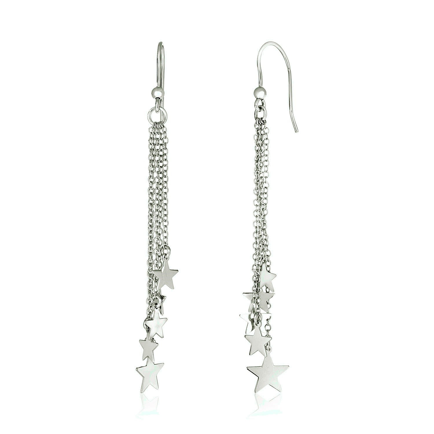 Sterling Silver Tassel Earrings with Polished Stars in a sleek high-contrast midnight luxury editorial style