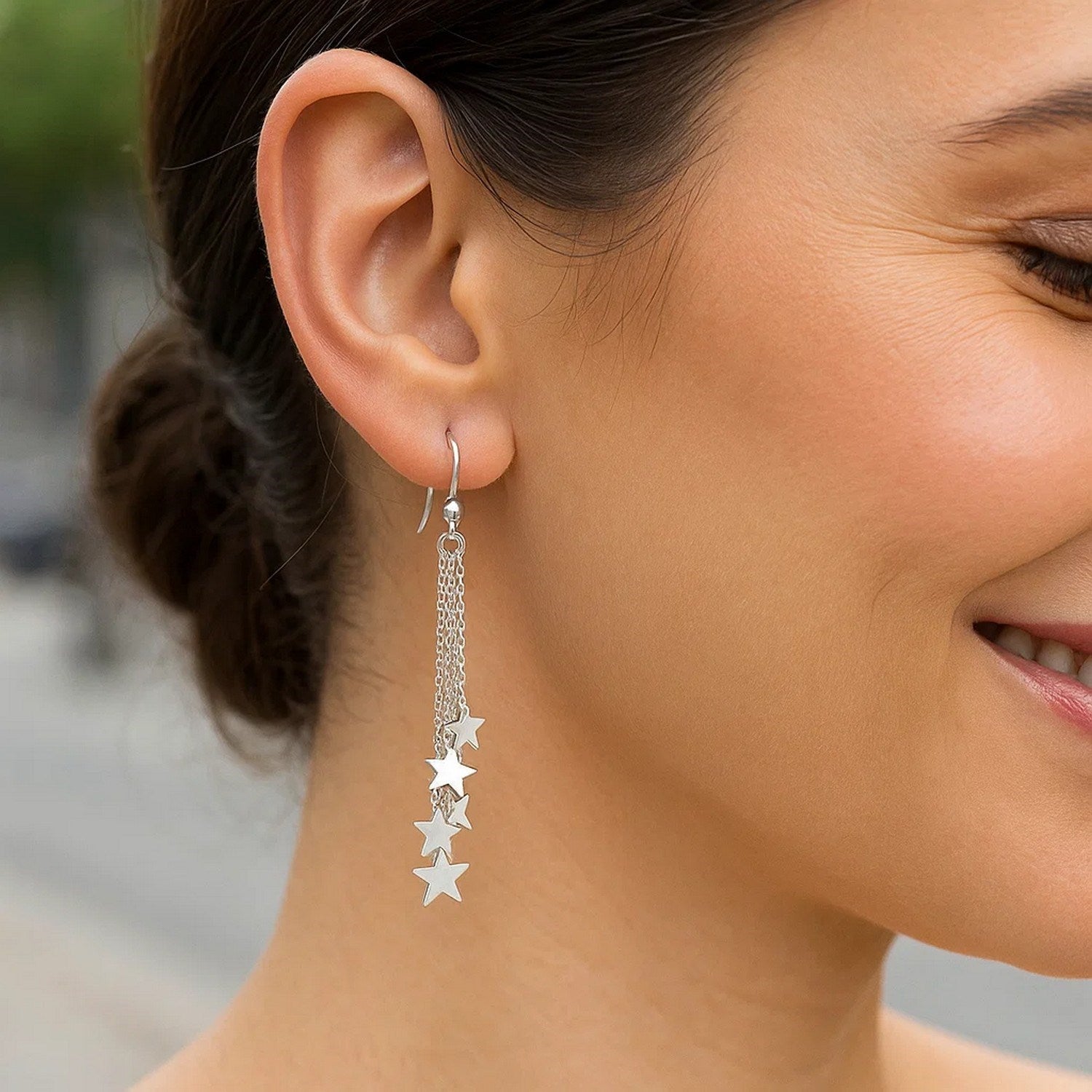 Sterling Silver Tassel Earrings with Polished Stars - Peelerie